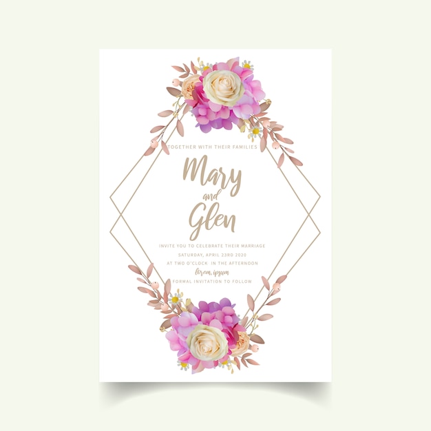 Wedding invitation with floral pink hydrangea and rose flowers