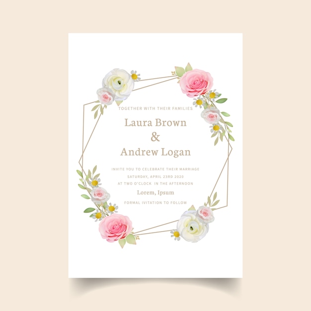 Vector wedding invitation with floral pink ranunculus and rose flowers