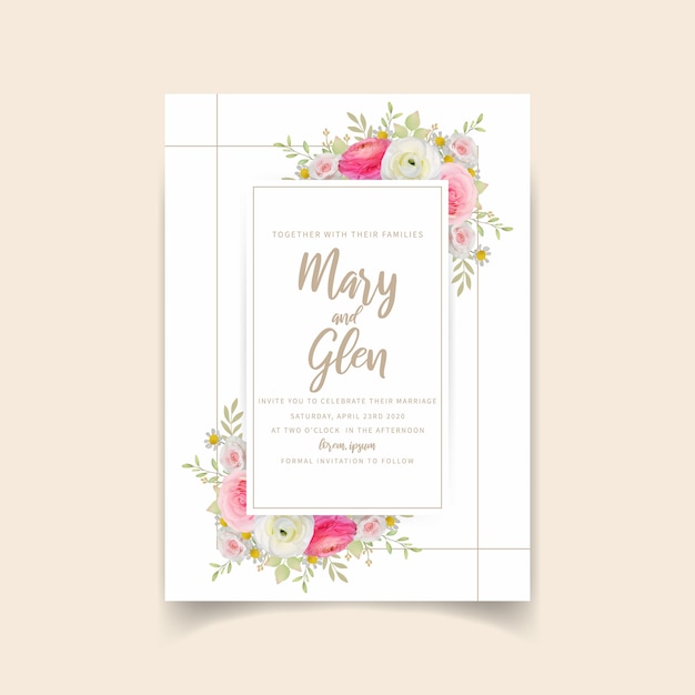 Vector wedding invitation with floral pink ranunculus and rose flowers