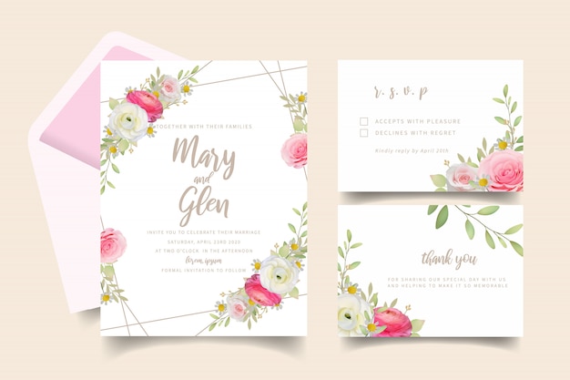 Vector wedding invitation with floral pink ranunculus and rose flowers