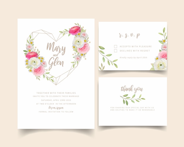 Vector wedding invitation with floral pink ranunculus and rose flowers