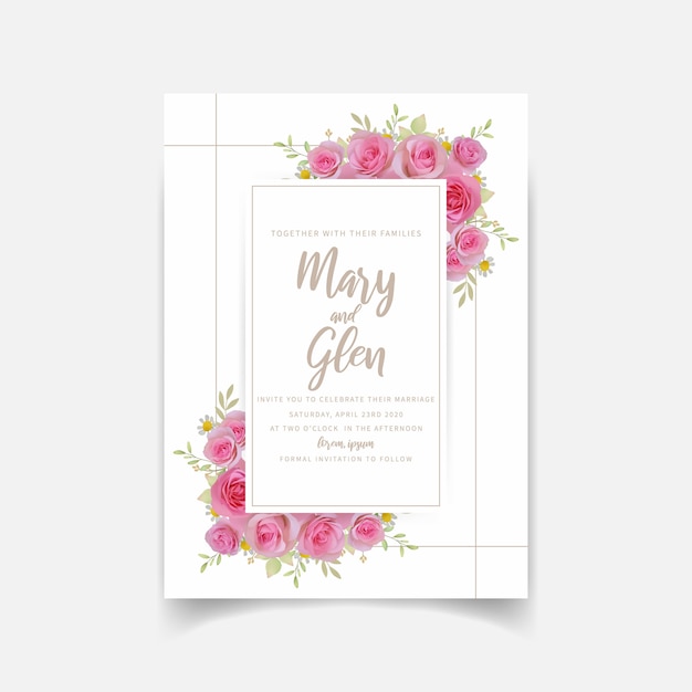 Wedding invitation with floral pink rose flowers