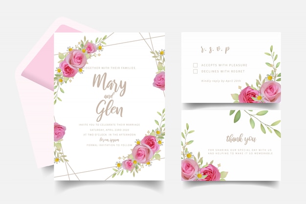 Wedding invitation with floral pink rose flowers