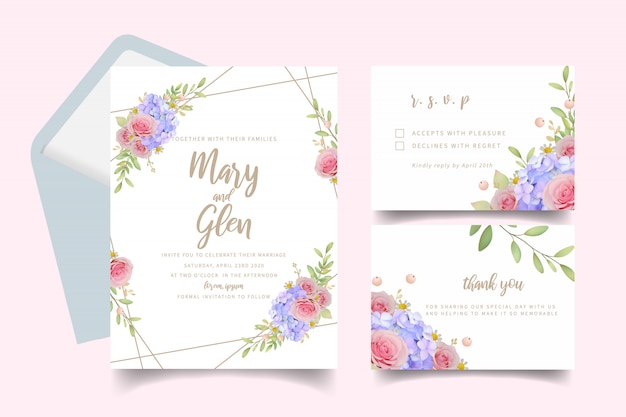 Wedding invitation with floral pink roses and hydrangea