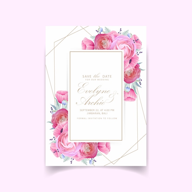 花のラナンキュラスとケシの花の結婚式の招待状
