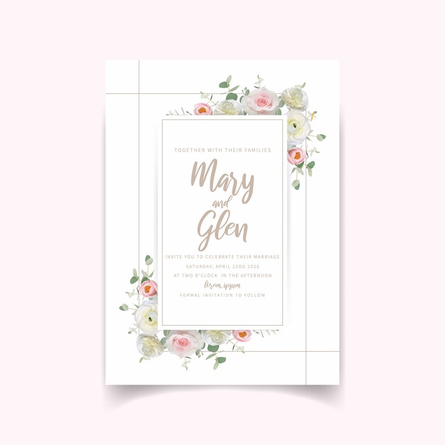 Свадебные приглашения с цветочным лютиком и розовыми цветами