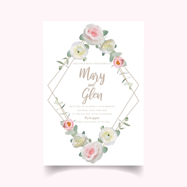 Wedding invitation with floral ranunculus and rose flowers