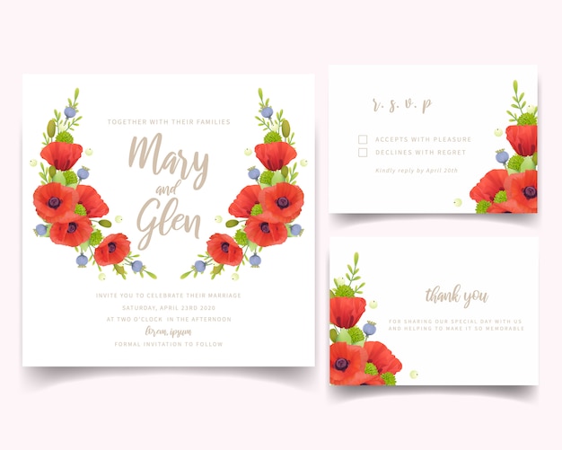 Wedding invitation with floral red poppy flowers