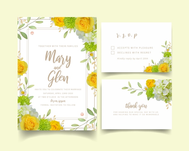 Vector wedding invitation with floral roses and hydrangea