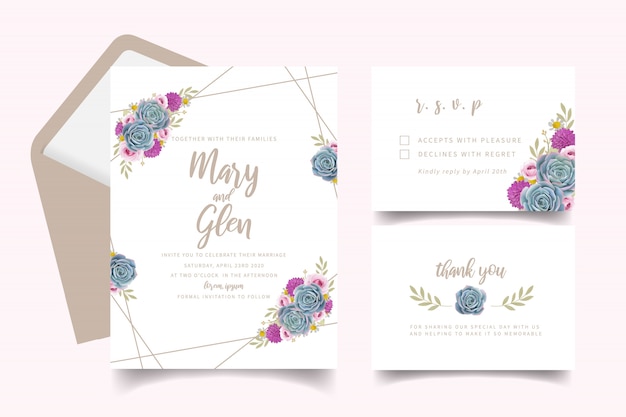 Wedding invitation with floral roses and succulent