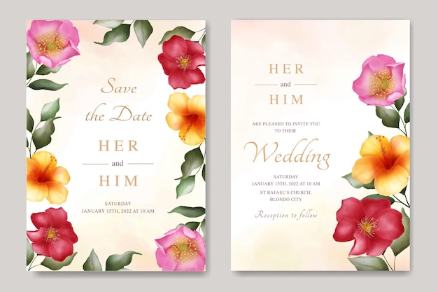 Wedding invitation with floral watercolor template