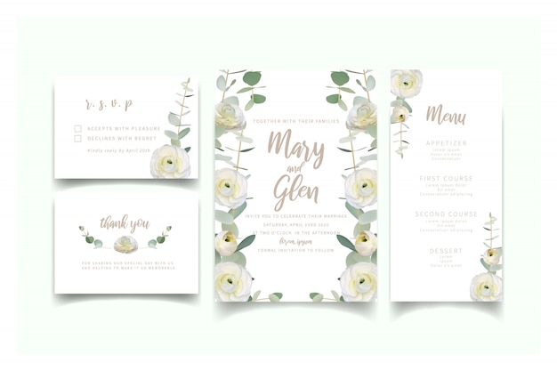 Vector wedding invitation with floral white ranunculus flowers