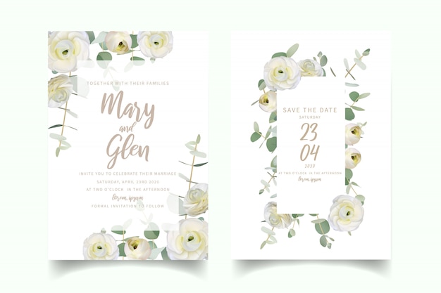 Vector wedding invitation with floral white ranunculus flowers