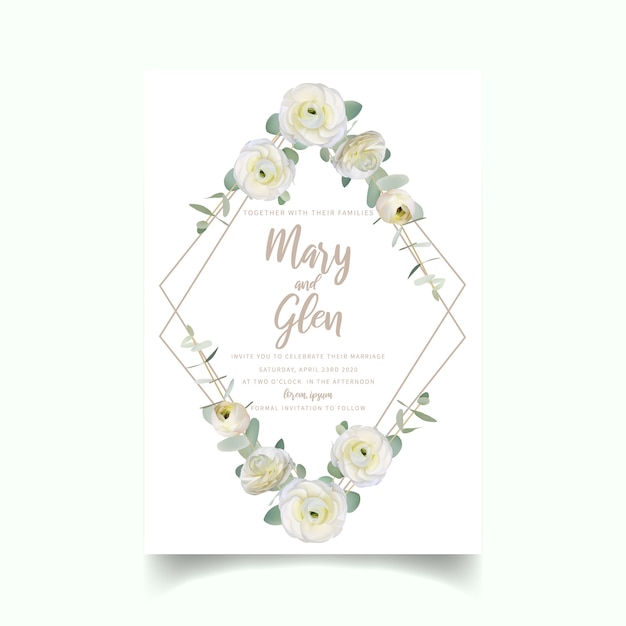 Vettore invito a nozze con fiori bianchi floreali di ranuncolo