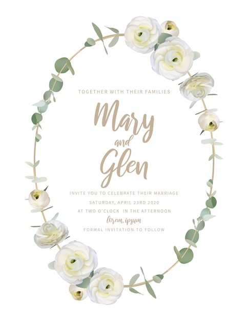 Vector wedding invitation with floral white ranunculus flowers