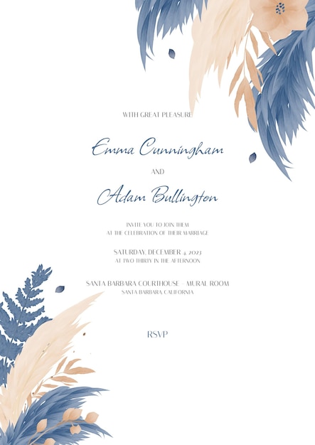 Приглашение на свадьбу с флористикой, пампасной травой в золотых голубых листьях Свадебный дизайн в стиле бохо Цветочный