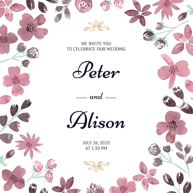 Vector wedding invitation with flowers in pink watercolor