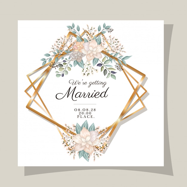 Wedding invitation with gold frame flowers and leaves