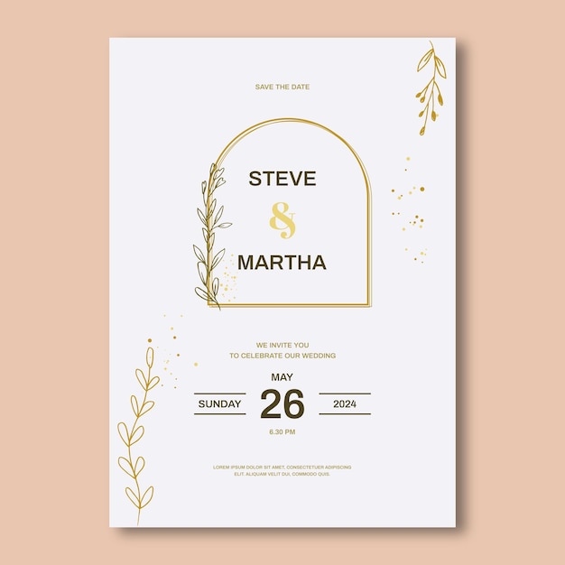 Wedding invitation with a gold frame and gold leaves