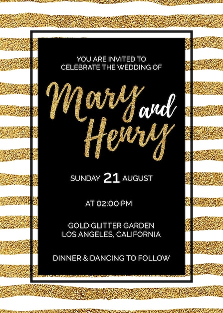 Wedding invitation with gold glitter stripes