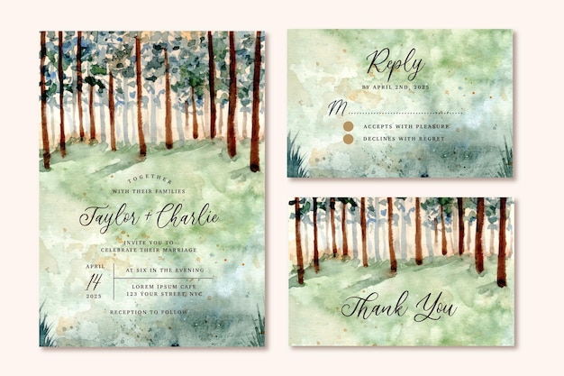 Wedding invitation with green forest watercolor landscape