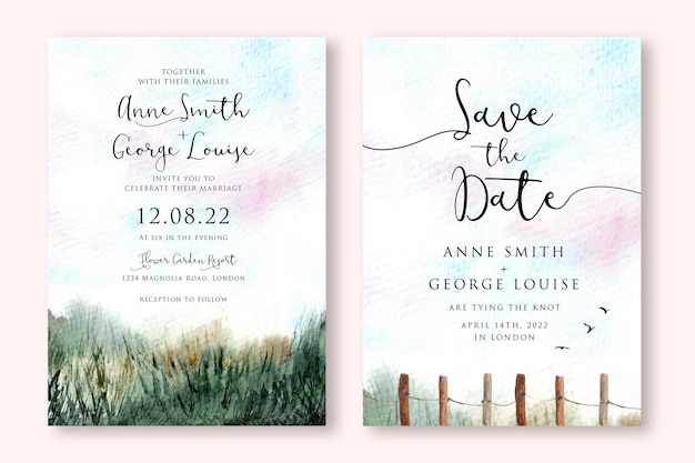 Vector wedding invitation with green grass field landscape watercolor