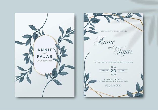 wedding invitation with green leaves watercolor premium vector