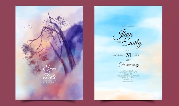 Wedding invitation with landscape view watercolor background