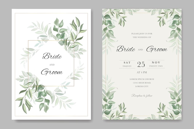 Vector wedding invitation with leaves and golden frame