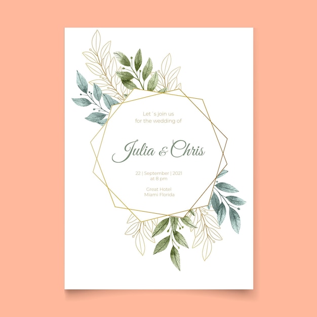 Wedding invitation with leaves and golden frame