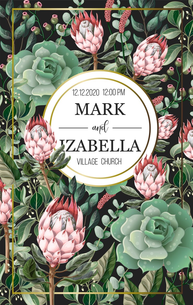 Vector wedding invitation with leaves, protea flowers, succulent and golden elements in watercolor style.