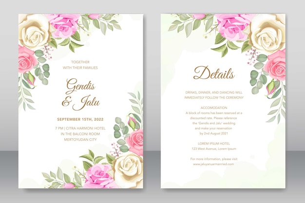 wedding invitation with leaves and roses design