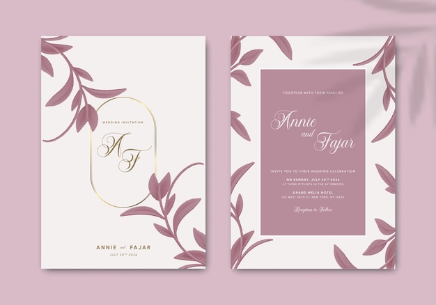 wedding invitation with leaves watercolor premium vector