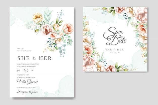 Vector wedding invitation with lovely watercolor flowers