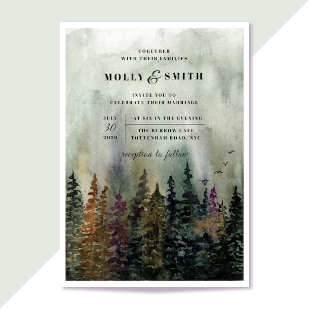 Вектор Свадебное приглашение с туманной лесной пейзажной акварелью