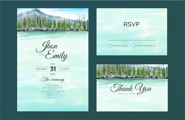 wedding invitation with mountain view watercolor background