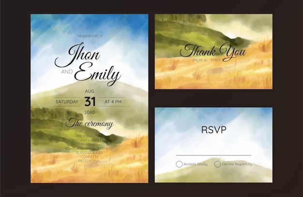 Wedding invitation with mountain view watercolor background