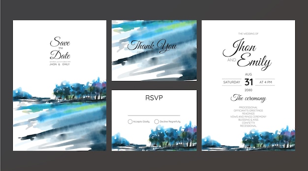 Wedding invitation with mountain view watercolor background