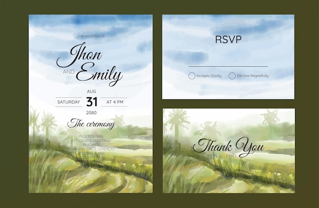 wedding invitation with mountain view watercolor background