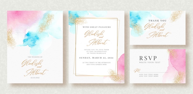 Wedding invitation with pastel colors splash and gold sparkle