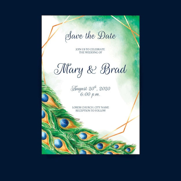 Wedding invitation with peacock feathers