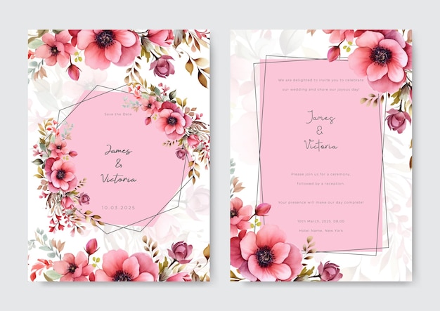 Wedding Invitation with Pink Floral and Pink Border with Gray Line