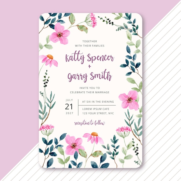 wedding invitation with pink floral watercolor frame