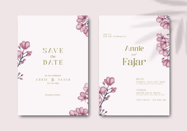 wedding invitation with pink flower branch watercolor premium vector