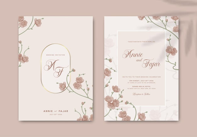 wedding invitation with pink flower branch watercolor premium vector