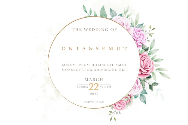 A wedding invitation with pink flowers and gold frame.