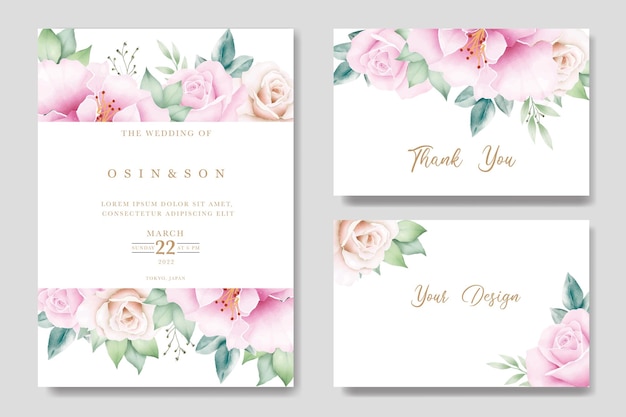 A wedding invitation with pink roses and leaves