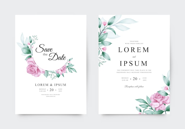 Wedding invitation with pink roses and watercolor leaves