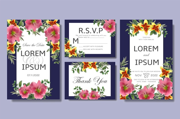Wedding invitation with pink and yellow flowers and leaves