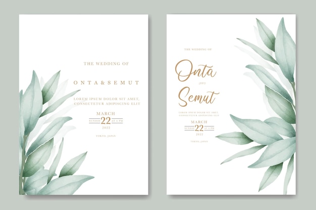 A wedding invitation with a plant on the top and a gold leaf on the bottom.